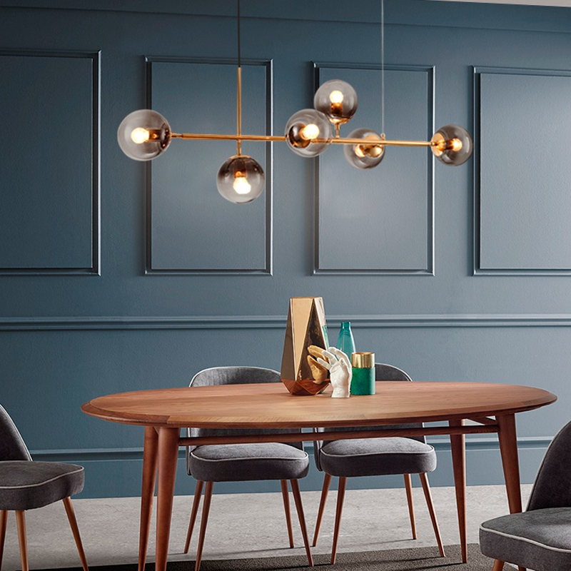 lampara colgante barra de 6 luces esferas de cristal ahumada