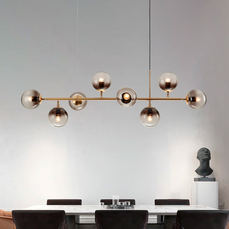 lampara colgante barra de 6 luces esferas de cristal ahumada