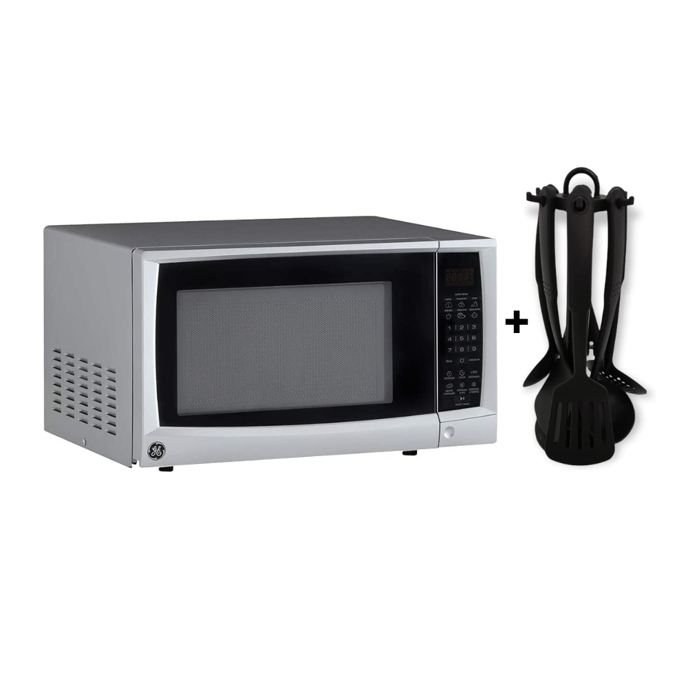 Horno Microondas 0.7P3 Boton Plata/Negro General Electric con Juego de Utensilios de Cocina con Carrusel