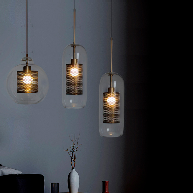 Lampara colgante estilo industrial 25 cm de diametro burbuja con jaula de malla