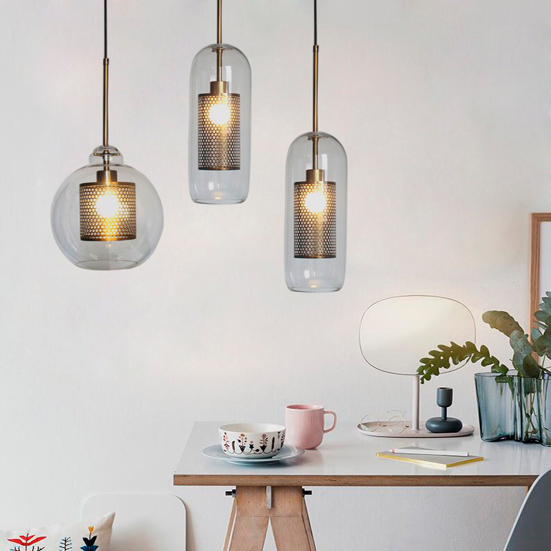 Lampara colgante estilo industrial 25 cm de diametro burbuja con jaula de malla