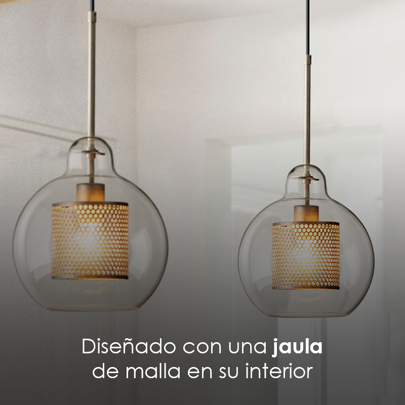 Lampara colgante estilo industrial 25 cm de diametro burbuja con jaula de malla