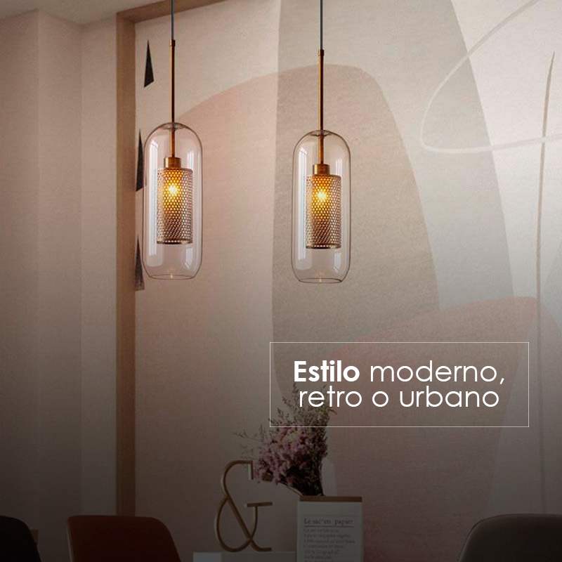 Lampara colgante estilo industrial 30 cm de alto capsula con jaula de malla