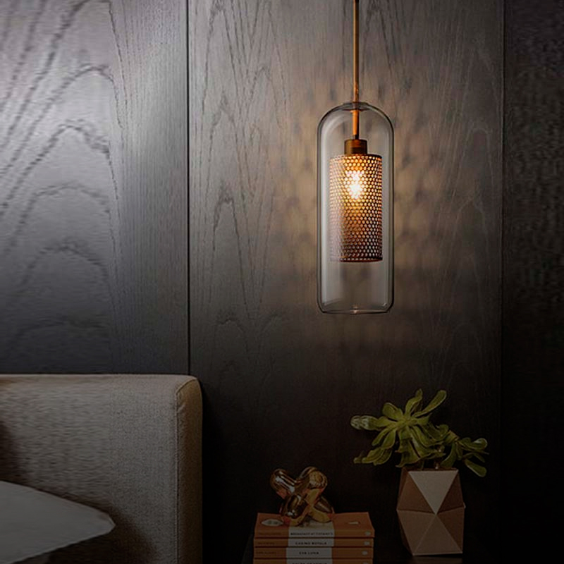 Lampara colgante estilo industrial 30 cm de alto capsula con jaula de malla