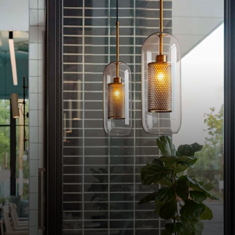 Lampara colgante estilo industrial 30 cm de alto capsula con jaula de malla