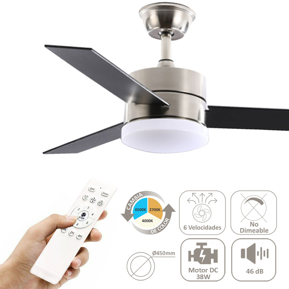 ventilador de techo con luz led, 3 tonos, 6 velocidades JWJ JLV-05