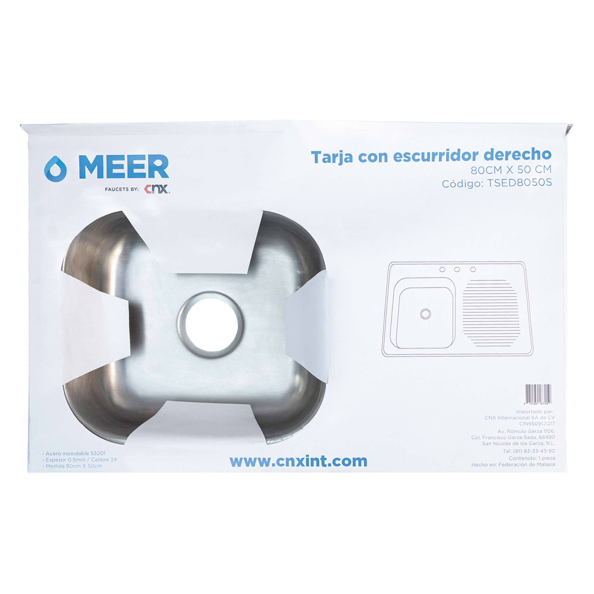 Tarja Sencilla Con Escurridero Derecho Para Sobreponer, 80 x 50cm.