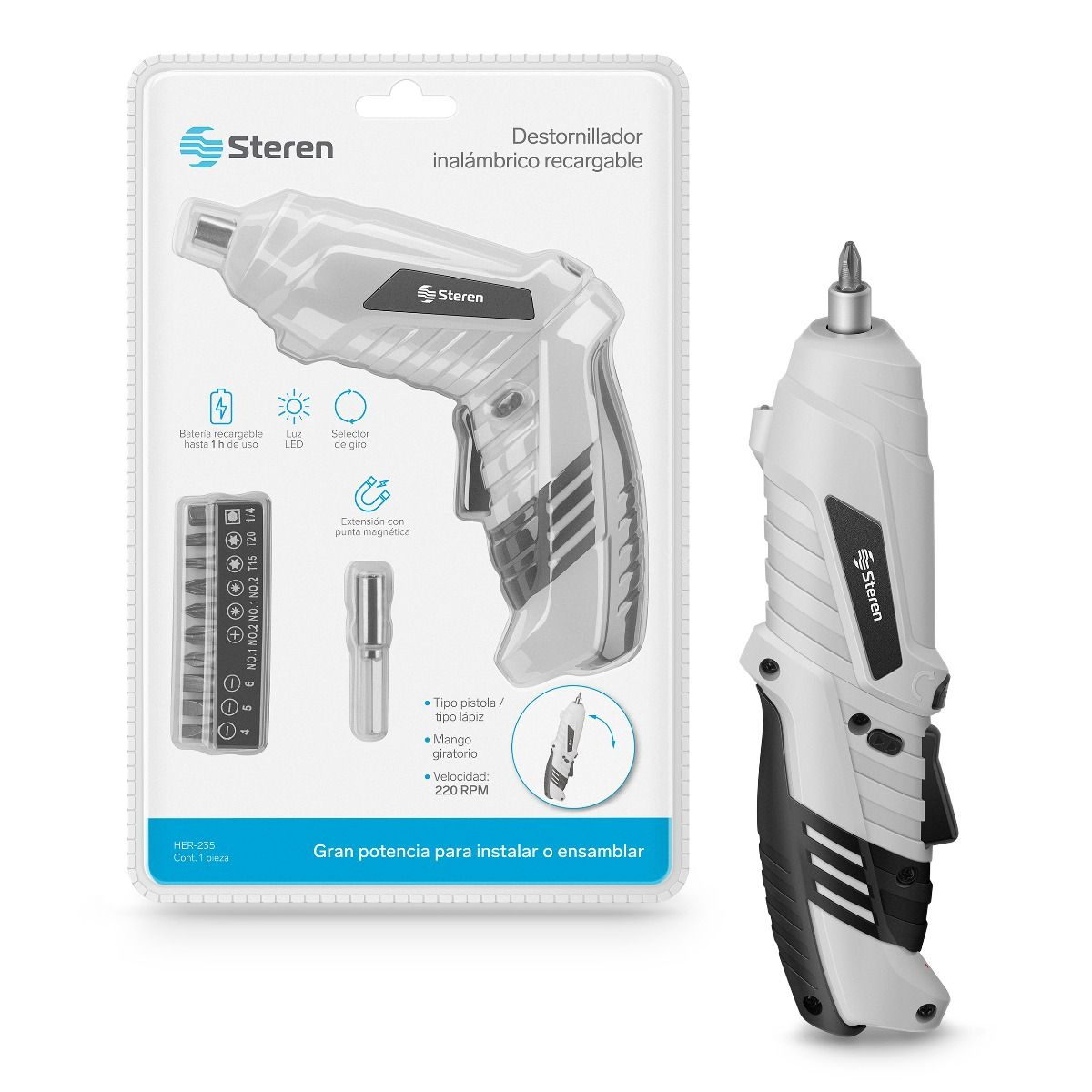 Destornillador Inalambrico Recargable Mango Ajustable Steren