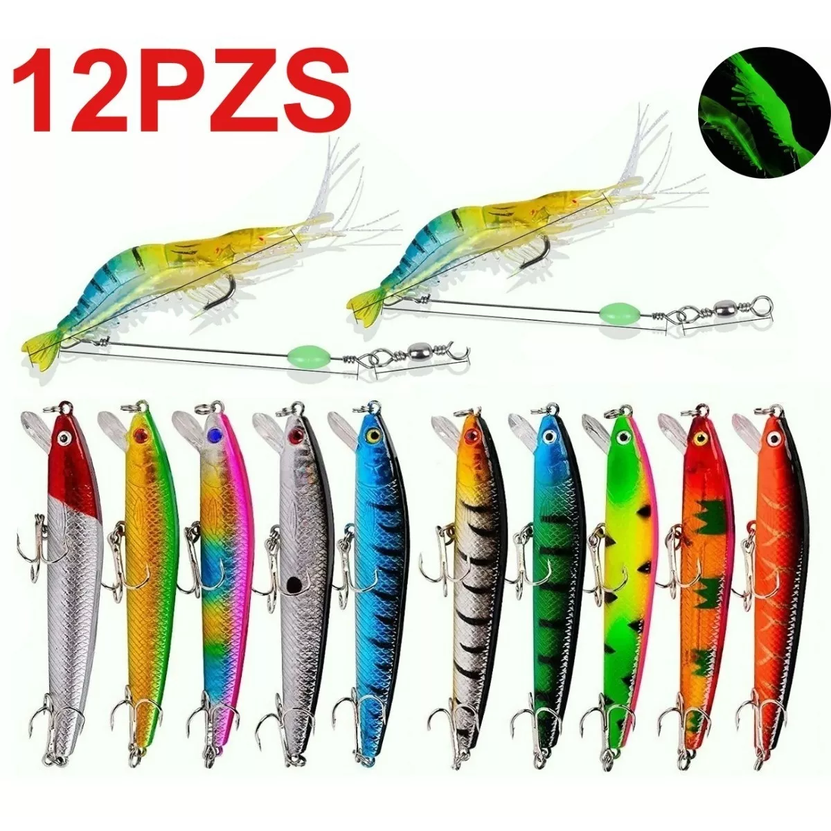Kit 12 Piezas Señuelos Para Pesca De Río Currican Camarones