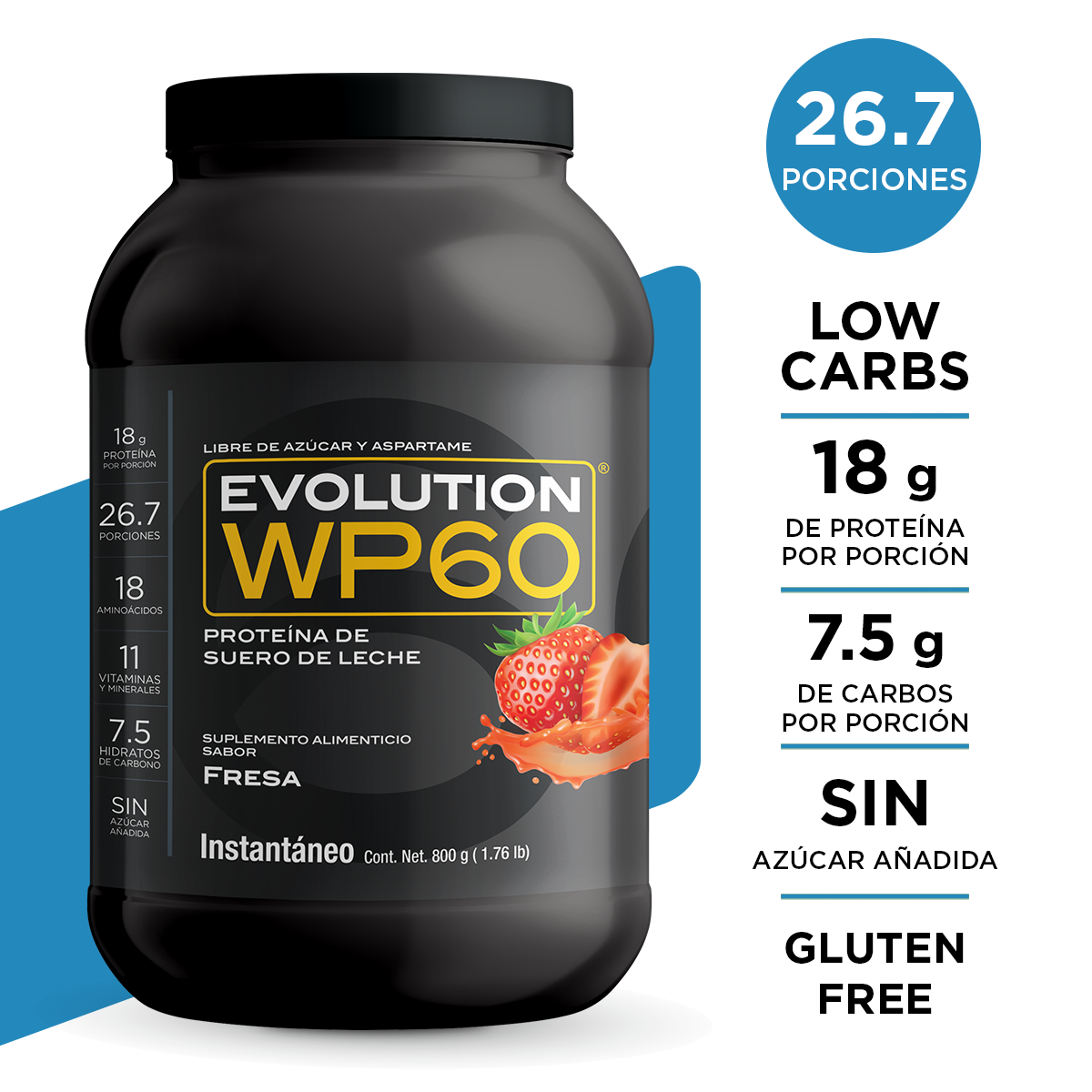 EVOLUTION. Proteína de Suero de Leche, WP60, Whey Protein, 800 GR (Sabor Fresa)