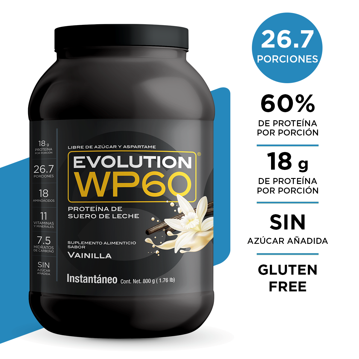 EVOLUTION. Proteína de Suero de Leche, WP60, Whey Protein, 800 GR (Sabor Vainilla)