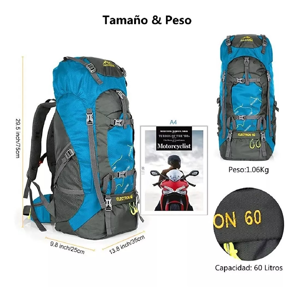 Mochila Senderismo Campismo 60 L Impermeable Cubierta Lluvia Azul