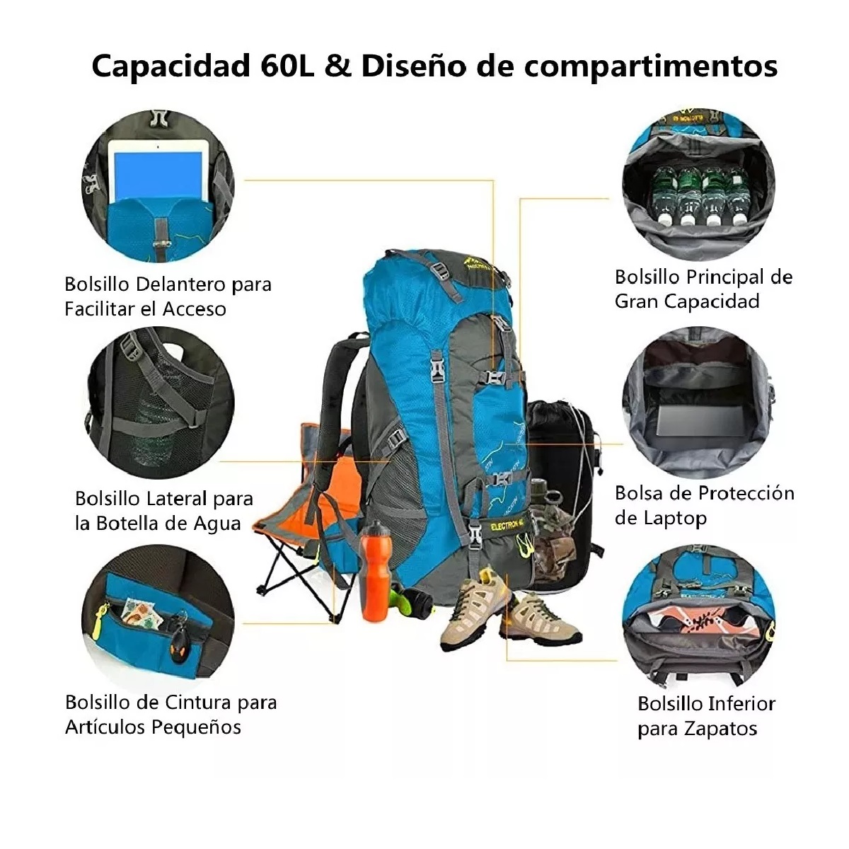 Mochila Senderismo Campismo 60 L Impermeable Cubierta Lluvia Azul