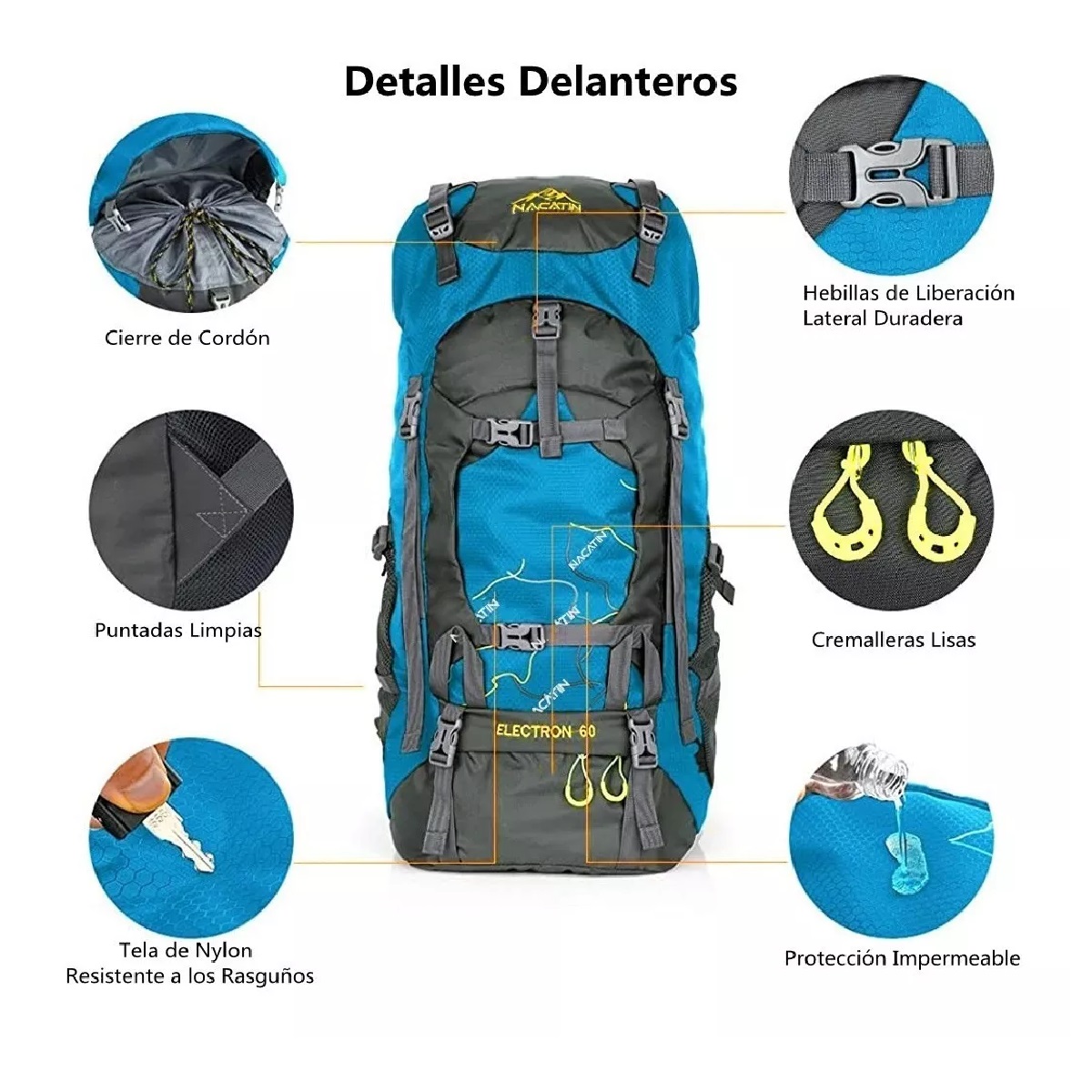 Mochila Senderismo Campismo 60 L Impermeable Cubierta Lluvia Azul
