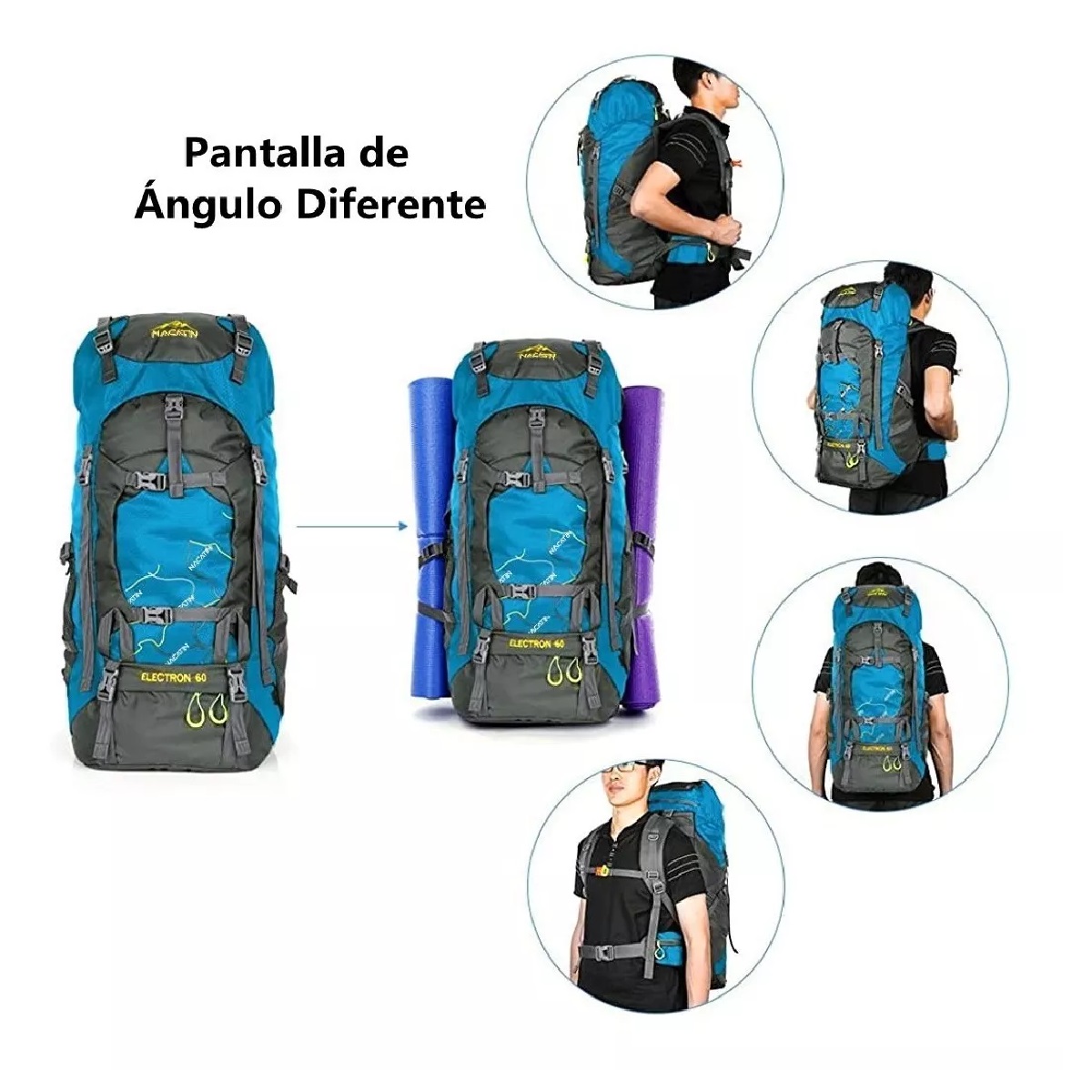 Mochila Senderismo Campismo 60 L Impermeable Cubierta Lluvia Azul