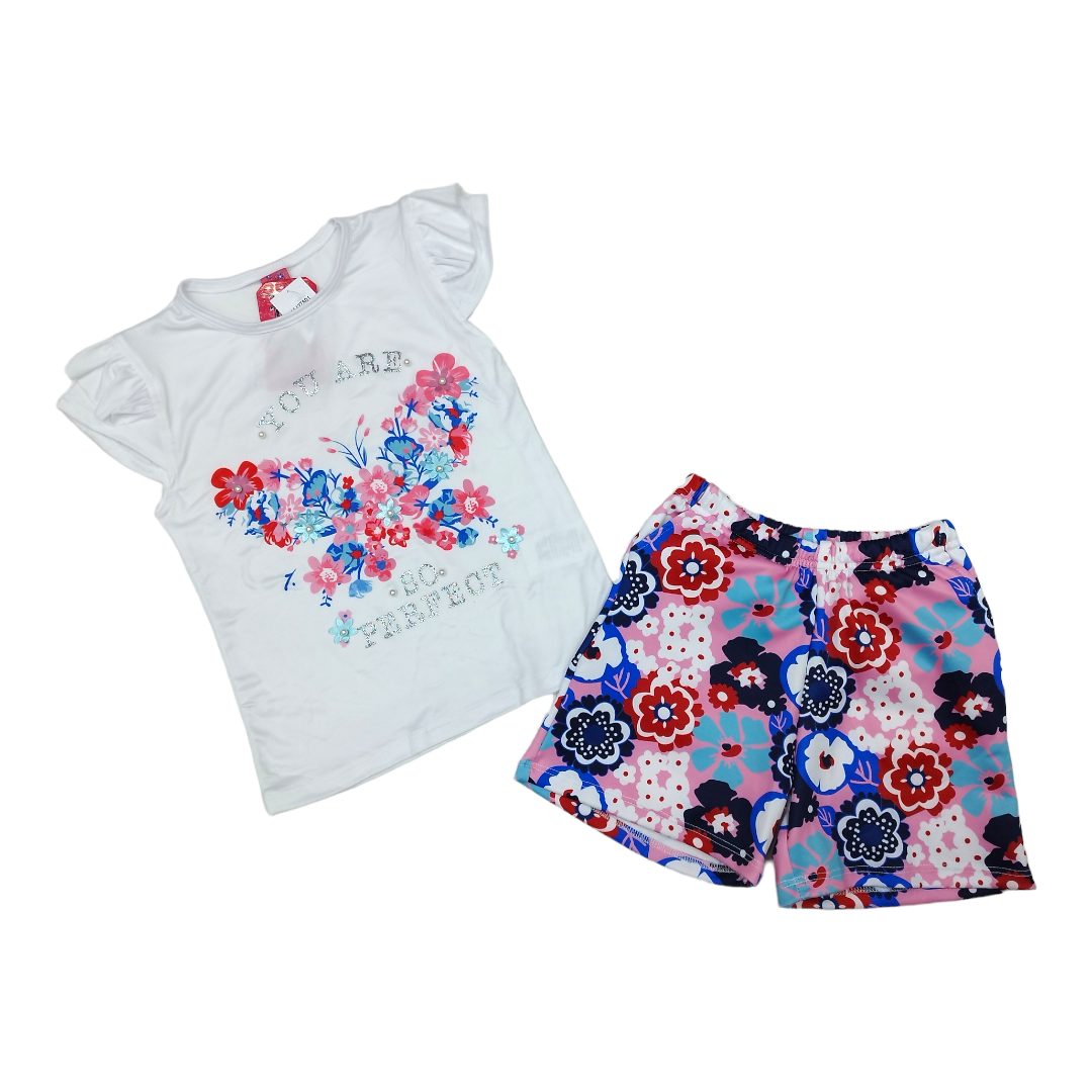 Conjunto 2p Short Floreado Y Blusa Manga Corta Flores Niñas 8 A 14 Años