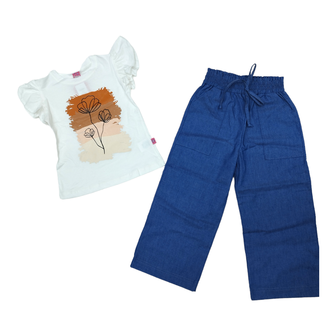 Conjunto Pantalón Mezclilla Pata Elefante Y Blusa Estampada Niña 8 A 14 años