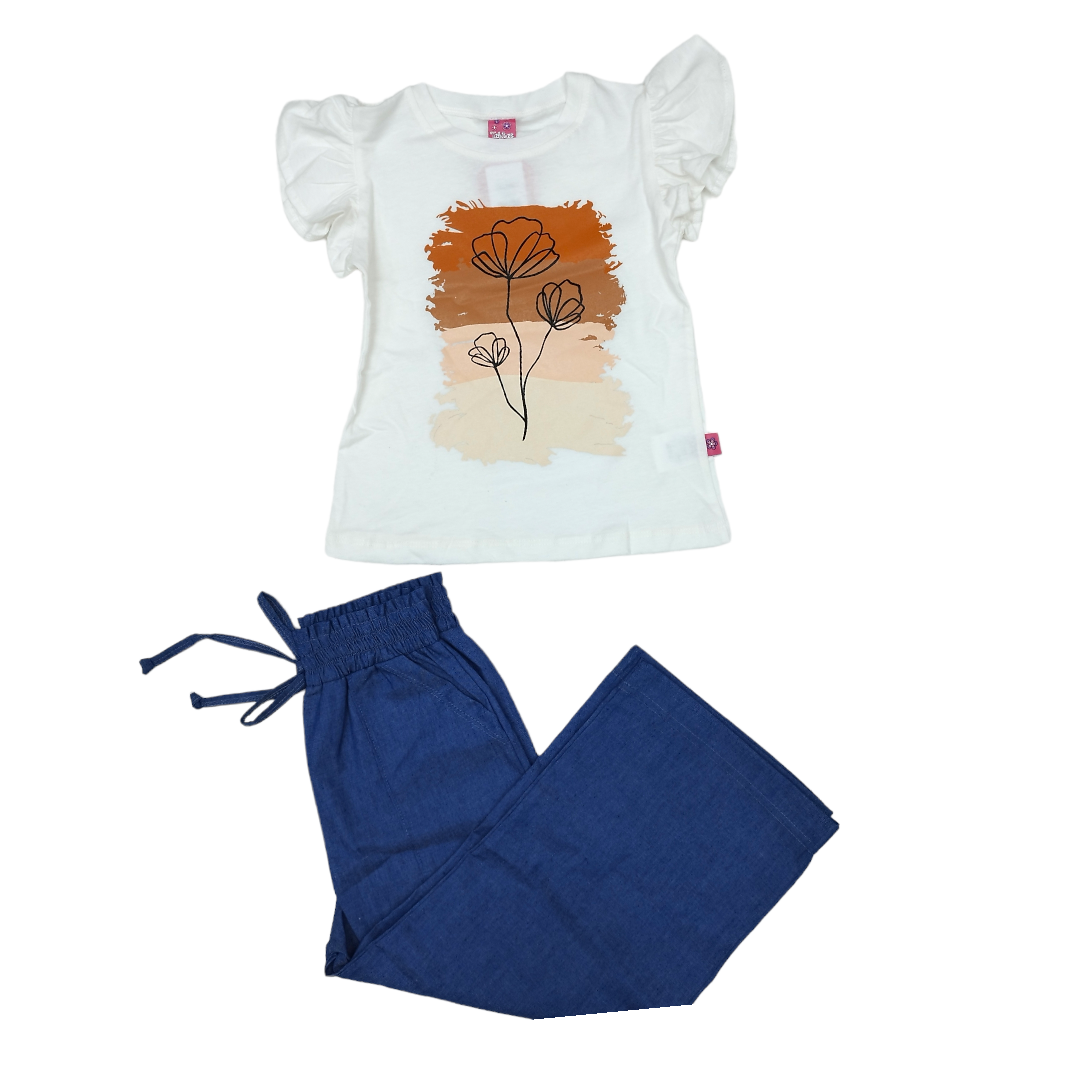 Conjunto Pantalón Mezclilla Pata Elefante Y Blusa Estampada Niña 8 A 14 años