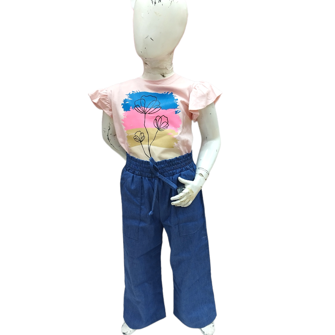 Conjunto Pantalón Mezclilla Pata Elefante Y Blusa Estampada Niña 8 A 14 años