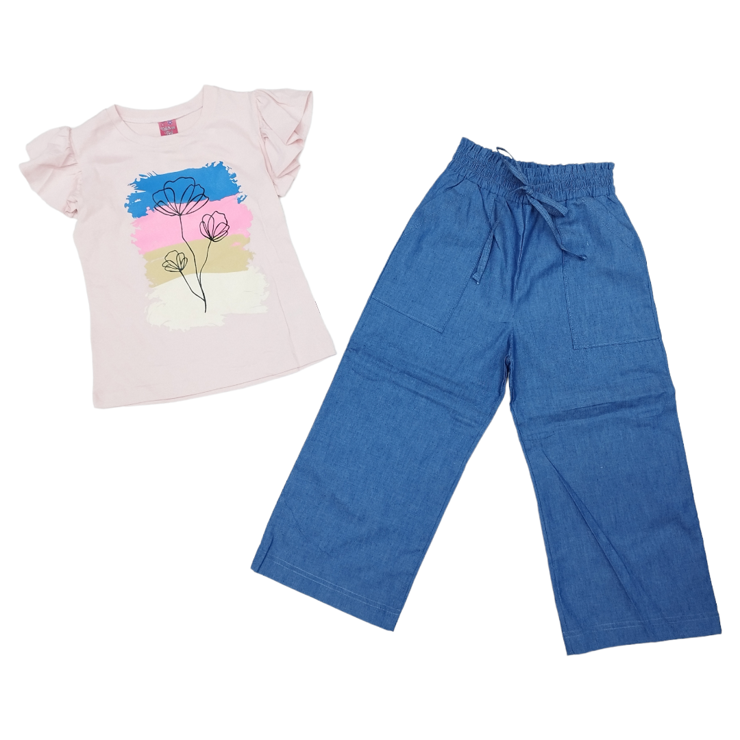 Conjunto Pantalón Mezclilla Pata Elefante Y Blusa Estampada Niña 8 A 14 años