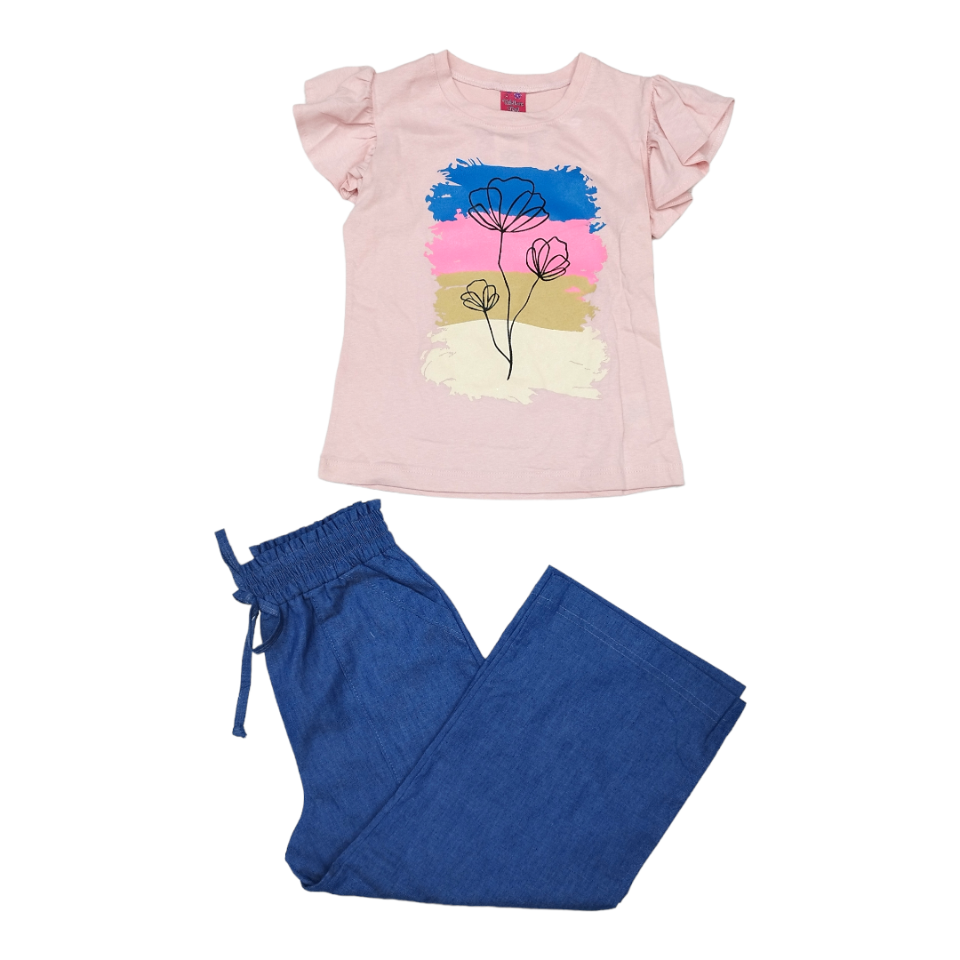 Conjunto Pantalón Mezclilla Pata Elefante Y Blusa Estampada Niña 8 A 14 años