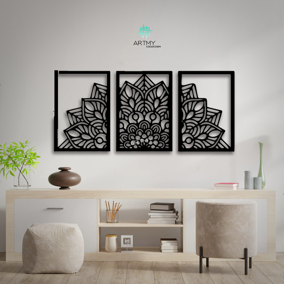 Mandala 3 Cuadros Decorativos Moderno Madera Mdf Negro