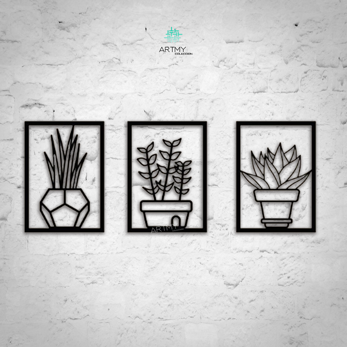 Floreros 3 Cuadros Decorativos Modernos Madera Mdf Negro