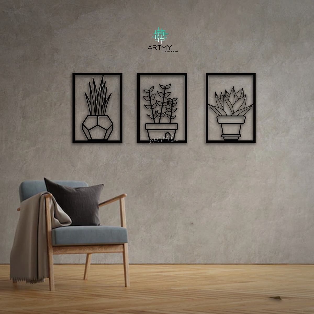 Floreros 3 Cuadros Decorativos Modernos Madera Mdf Negro