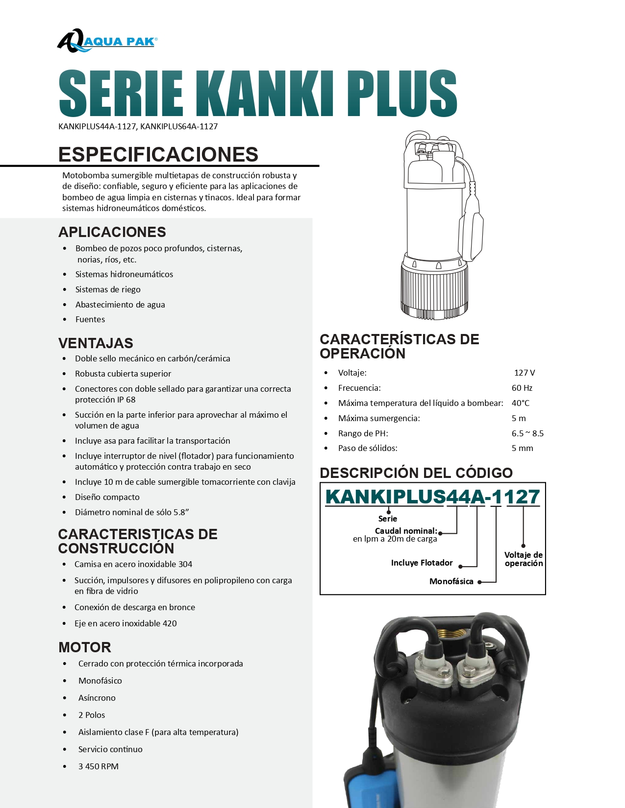 BOMBA SUMERGIBLE AQUAPAK  KANKIPLUS64A-1127 1 HP 127 V