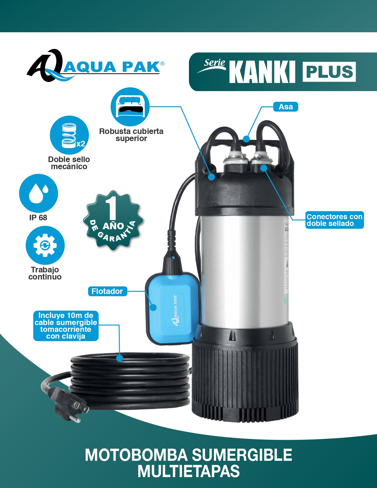 BOMBA SUMERGIBLE AQUAPAK  KANKIPLUS64A-1127 1 HP 127 V