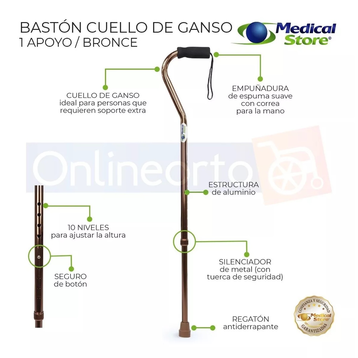 Bastón Ajustable Cuello Ganso De 1 Apoyo Bronce Medical Store