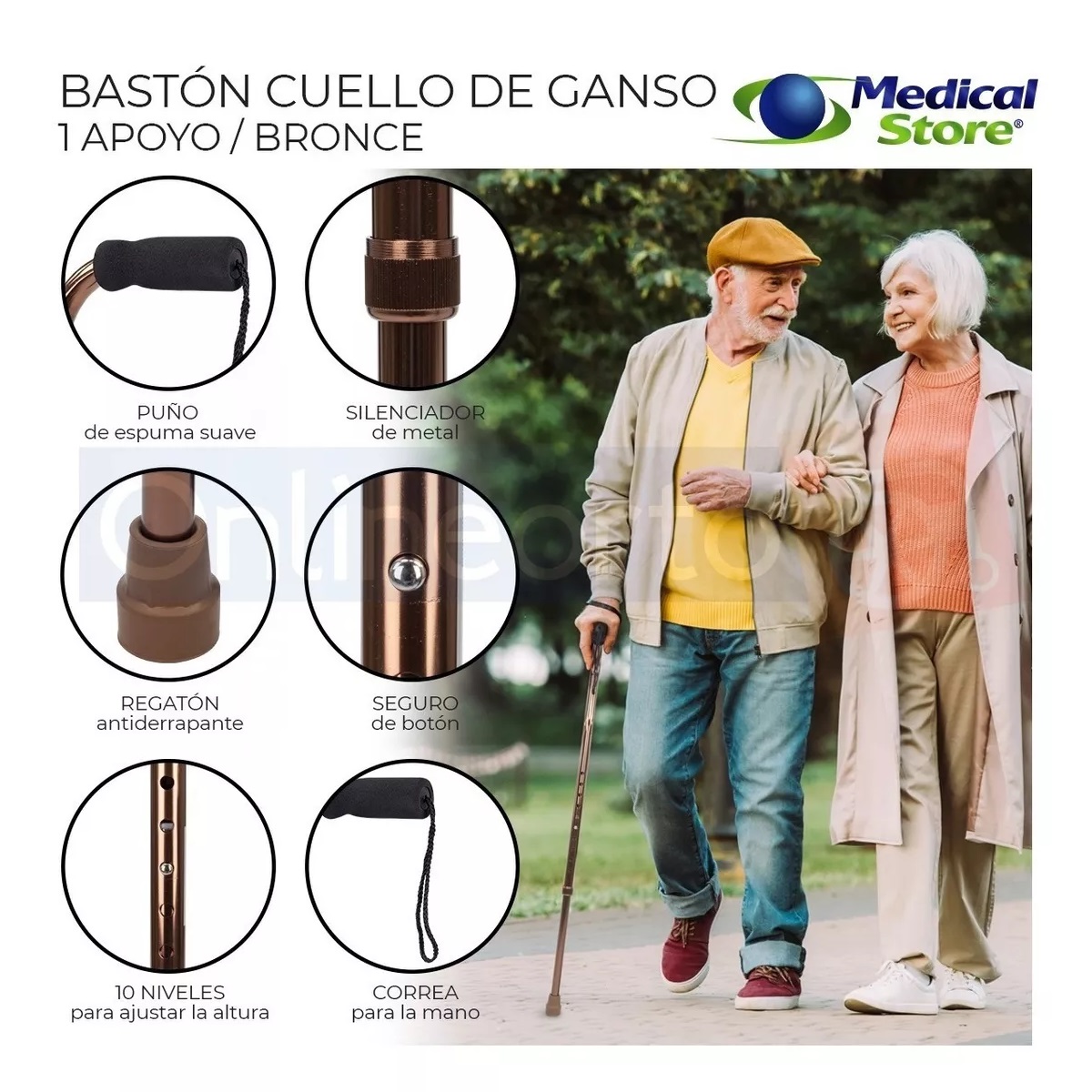 Bastón Ajustable Cuello Ganso De 1 Apoyo Bronce Medical Store