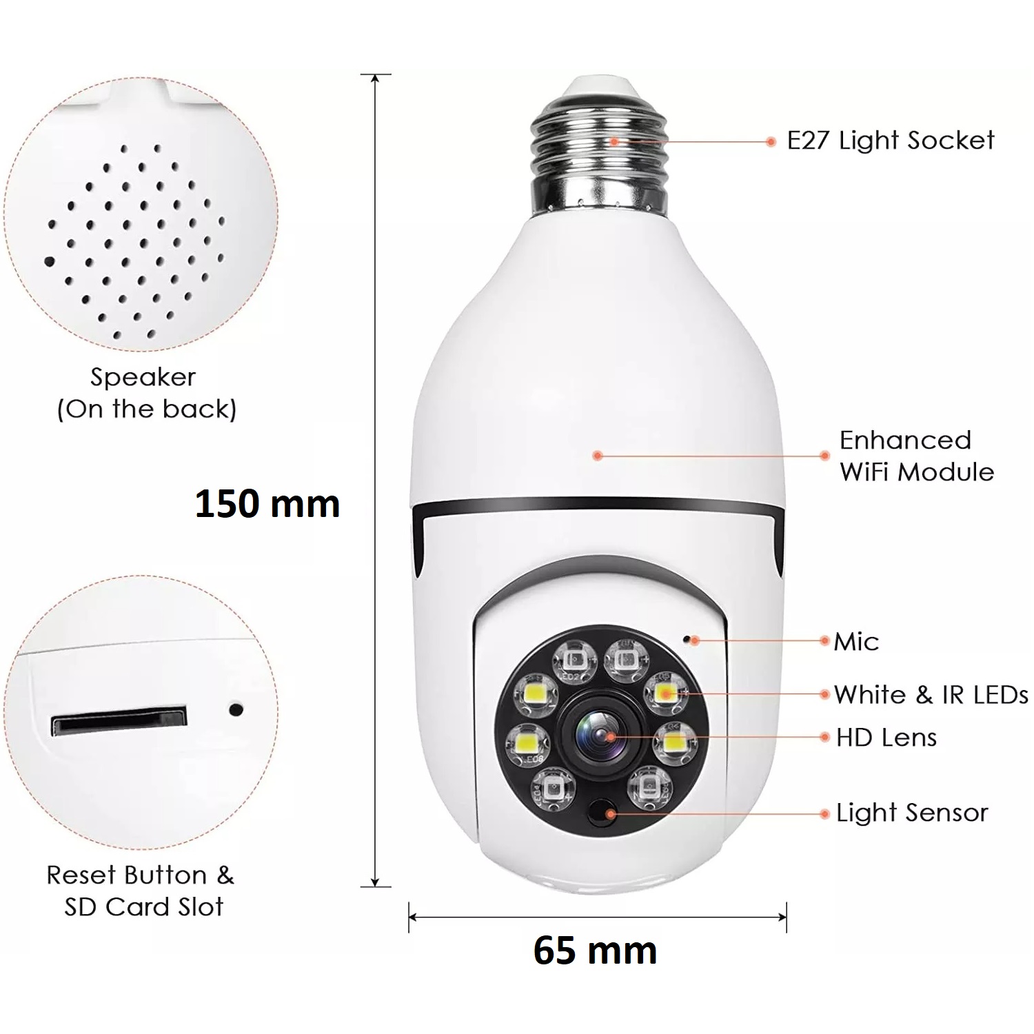 Camara de Seguridad 360 con Libre Rotacion Vision Nocturna Infrarroja Sensor de Movimiento Iluminacion Automatica Vigilancia desde App Multiusuarios Simultaneos y Almacenamiento en SD y en Nube / Master / IOT-BULBCAM