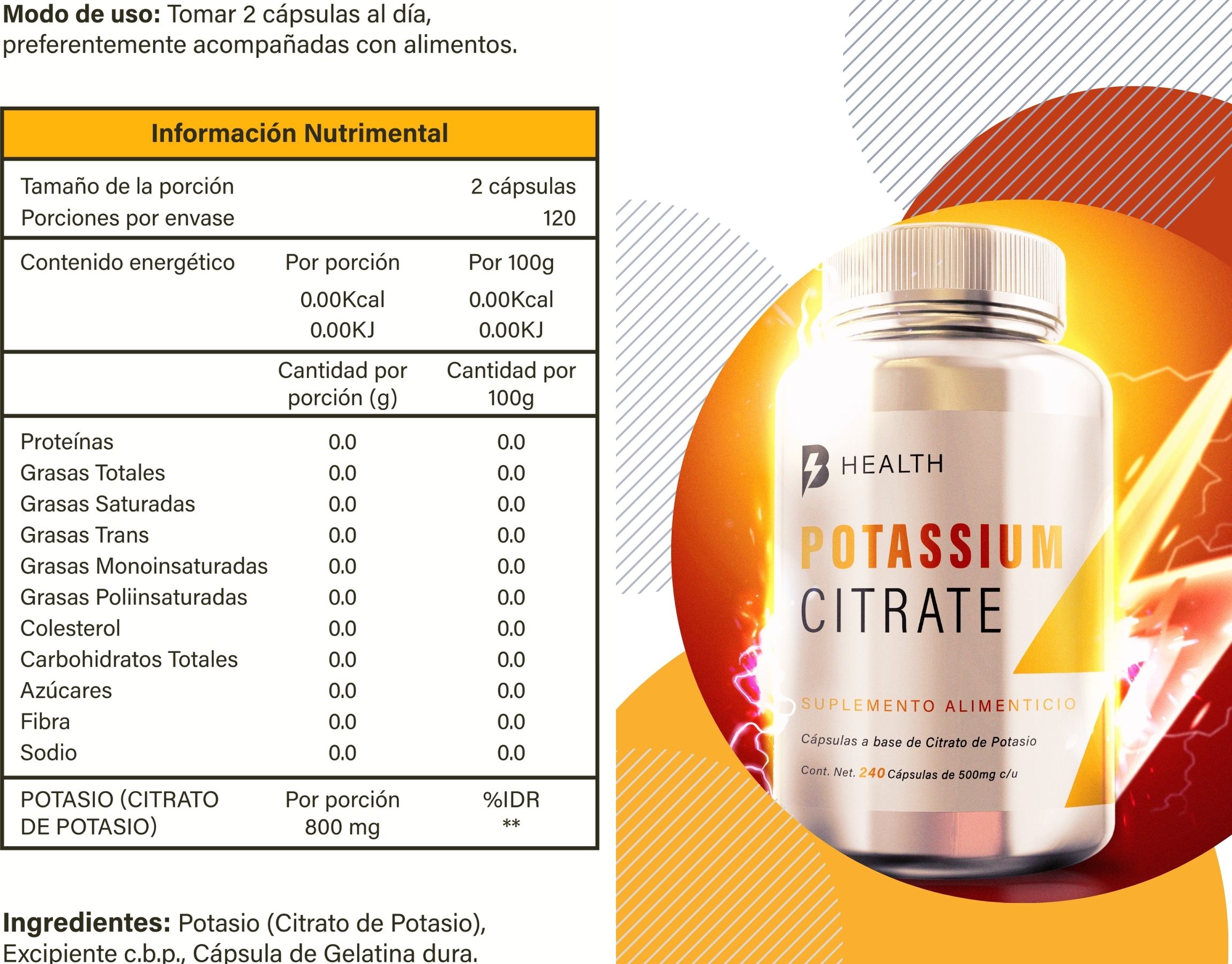 Citrato de potasio, 100% NATURAL, B Health Be Natural, Sin Azúcar, Keto -240 cápsulas de 500 mg c/u