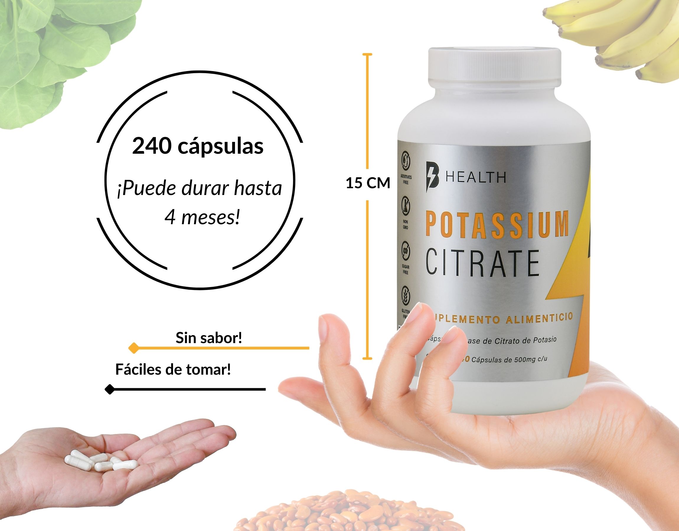 Citrato de potasio, 100% NATURAL, B Health Be Natural, Sin Azúcar, Keto -240 cápsulas de 500 mg c/u