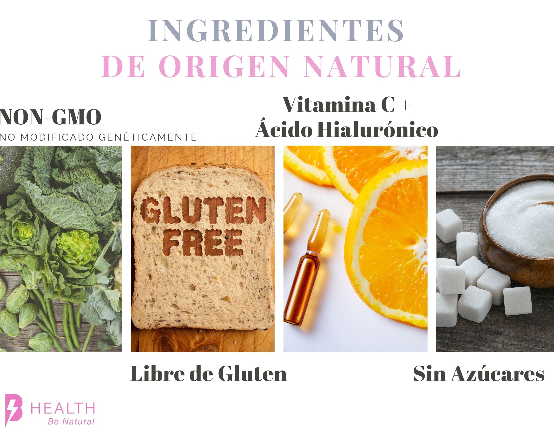 Colágeno hidrolizado con Ácido Hialurónico, Elastina y Vitamina C, Natural, B Health Be Natural, Keto, Sin azúcar -180 cápsulas de 500 mg c/u