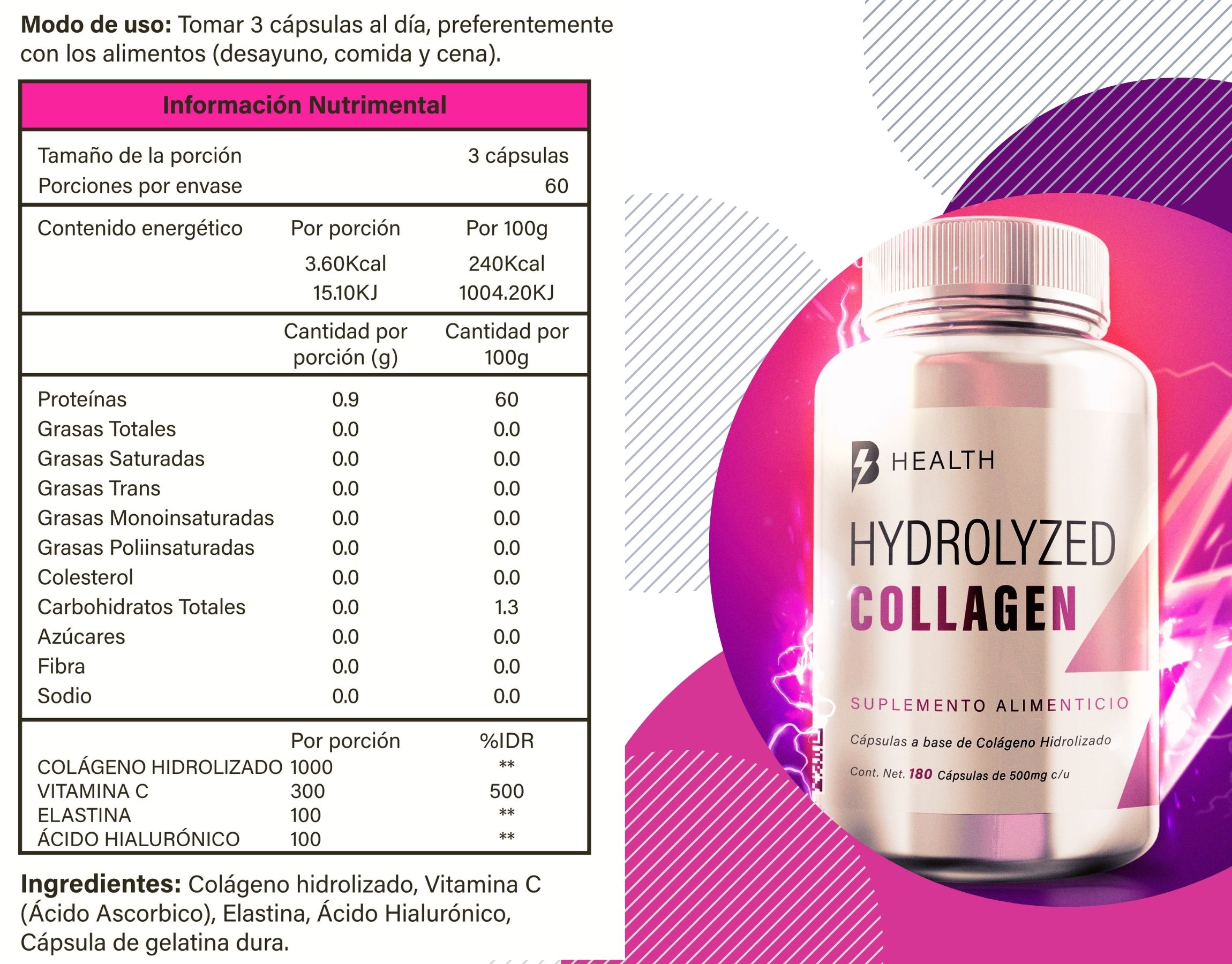 Colágeno hidrolizado con Ácido Hialurónico, Elastina y Vitamina C, Natural, B Health Be Natural, Keto, Sin azúcar -180 cápsulas de 500 mg c/u