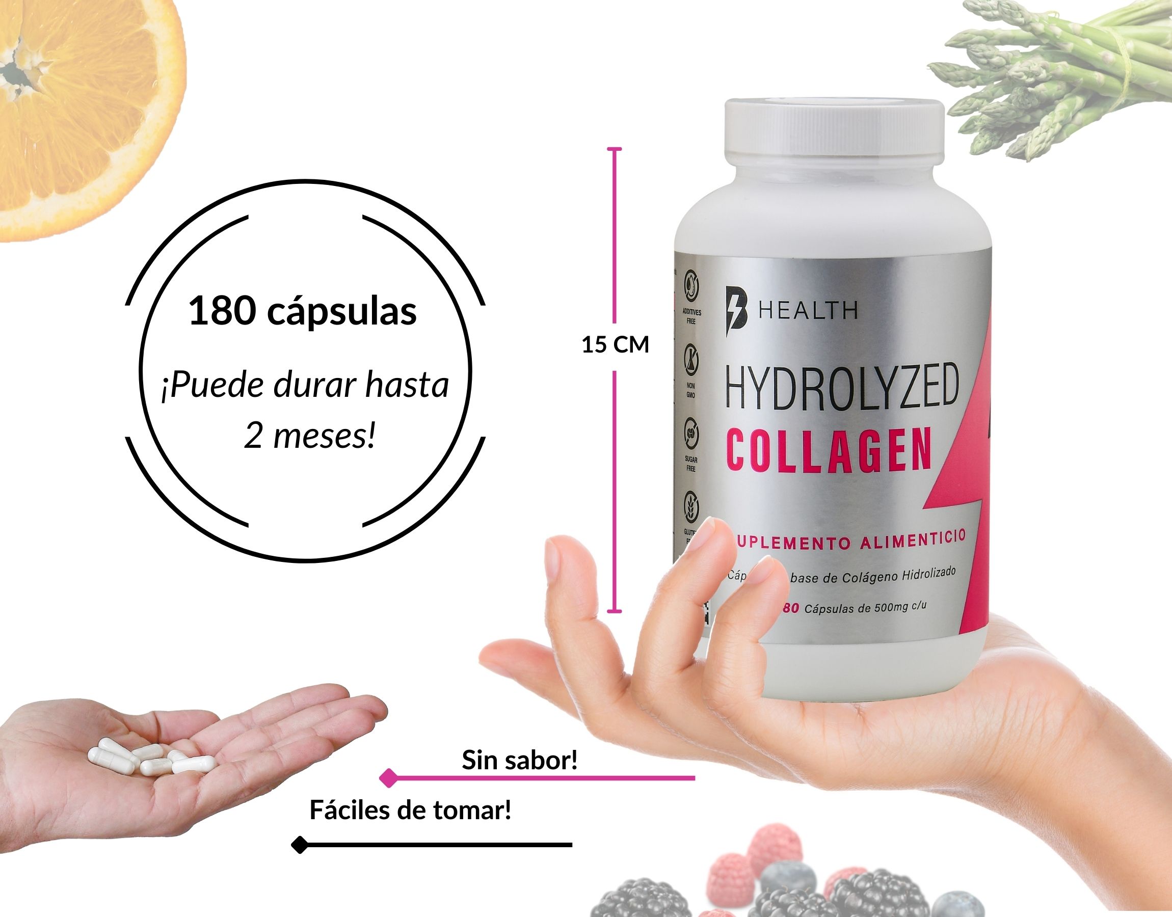 Colágeno hidrolizado con Ácido Hialurónico, Elastina y Vitamina C, Natural, B Health Be Natural, Keto, Sin azúcar -180 cápsulas de 500 mg c/u