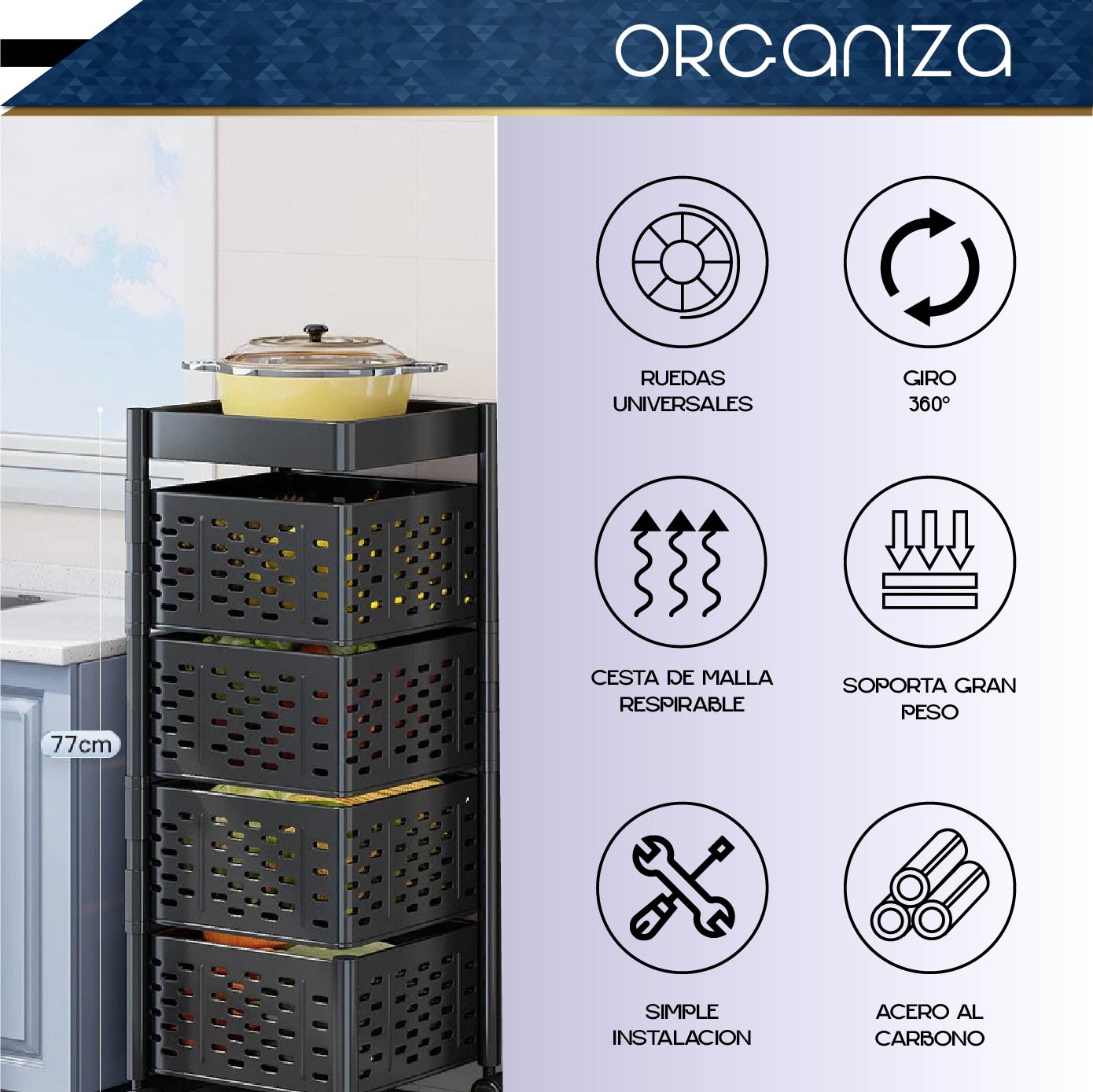 Estante De Almacenamiento Giratorio para Verduras de Cocina 4 Niveles Carro Rodante Estante Organizador Multifunción