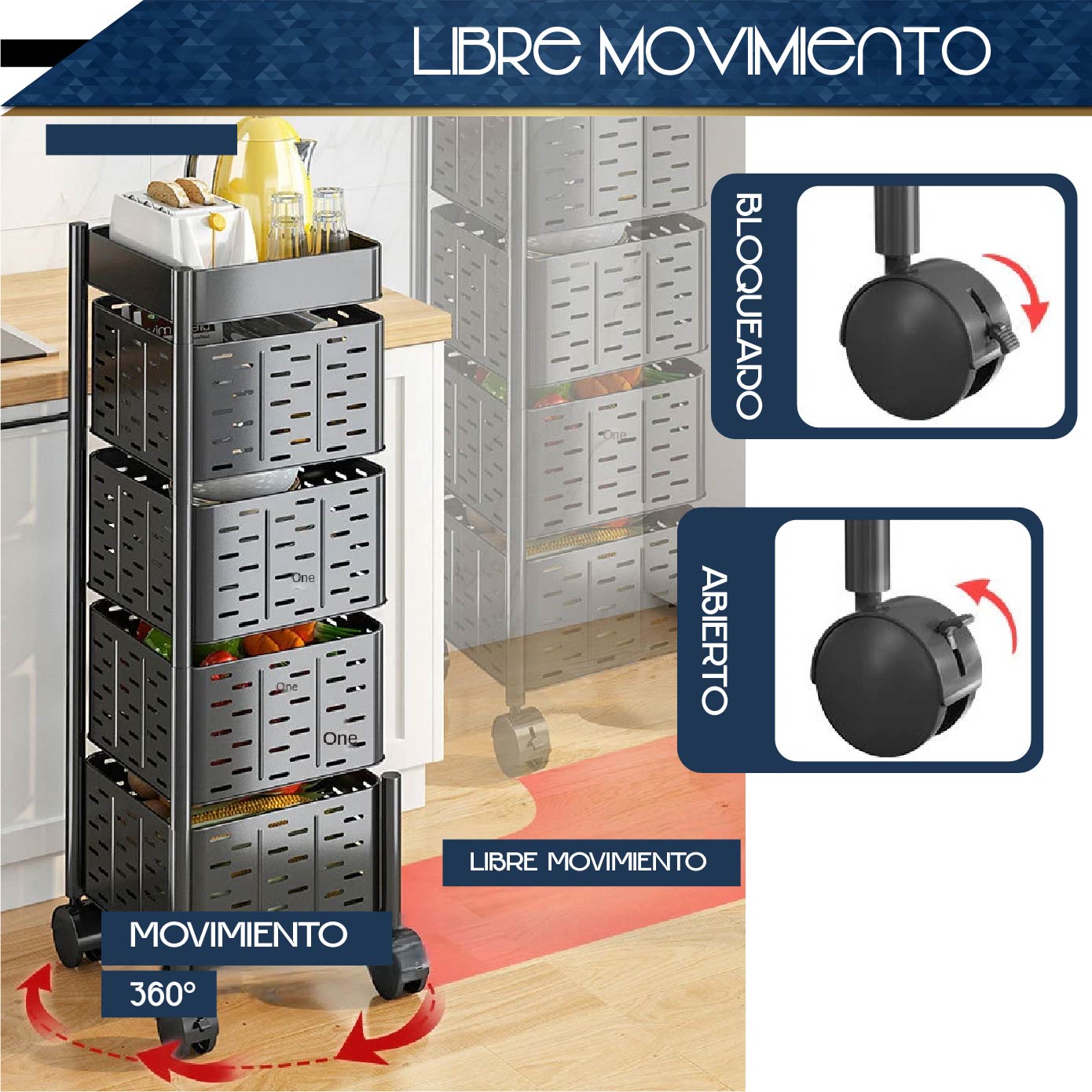 Estante De Almacenamiento Giratorio para Verduras de Cocina 4 Niveles Carro Rodante Estante Organizador Multifunción