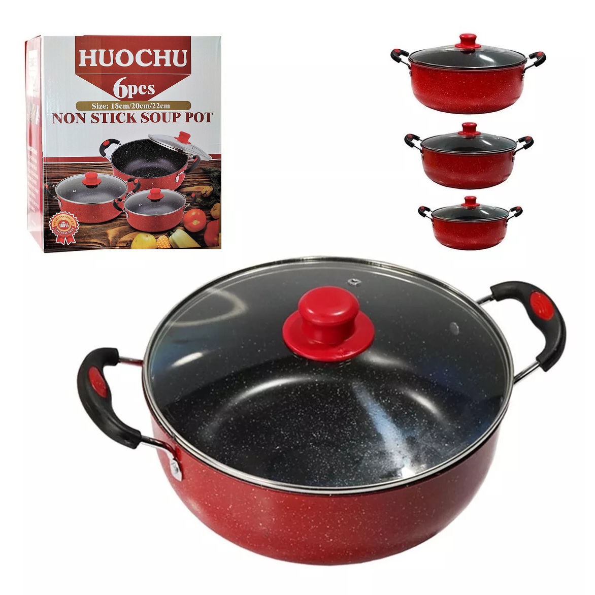 Batería de Cocina en Acero Antiadherente con 3 Ollas con Tapa transparente