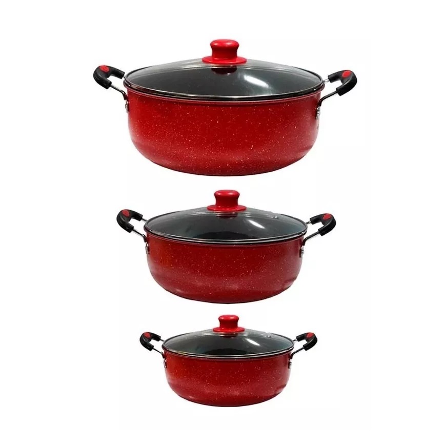 Batería de Cocina en Acero Antiadherente con 3 Ollas con Tapa transparente