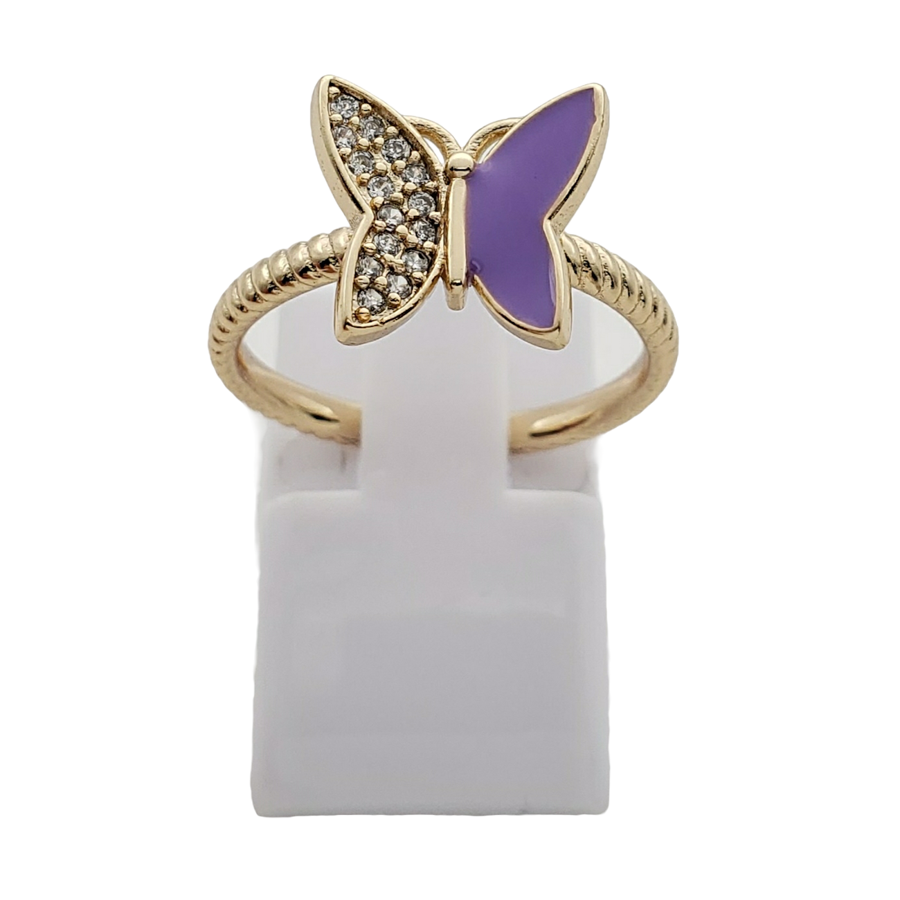 Anillo chapa de oro zircónias y esmaltado mariposa monarca