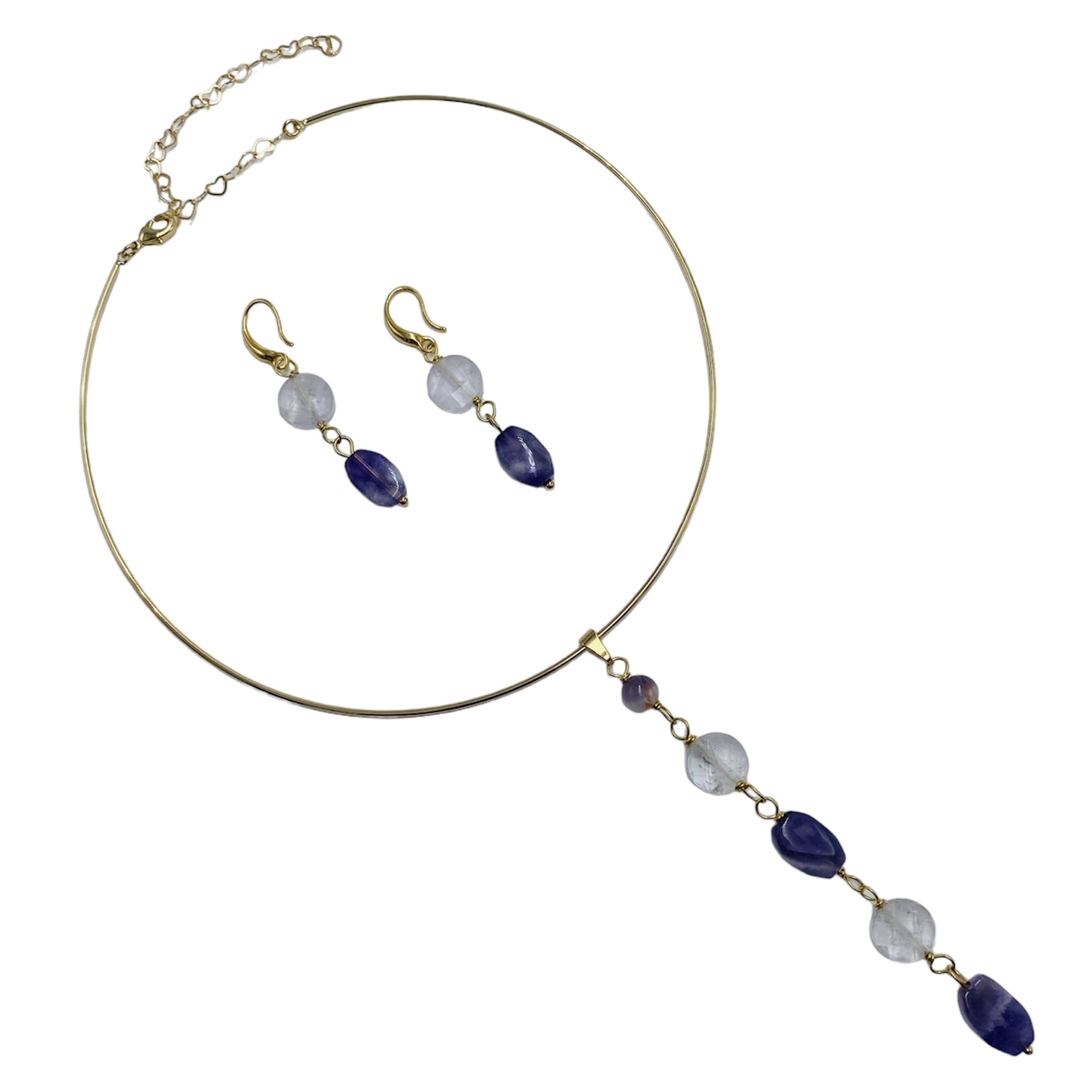 Conjunto aretes y collar Amatista- Baño de oro 18K Collar Dorado - Piedras naturales 