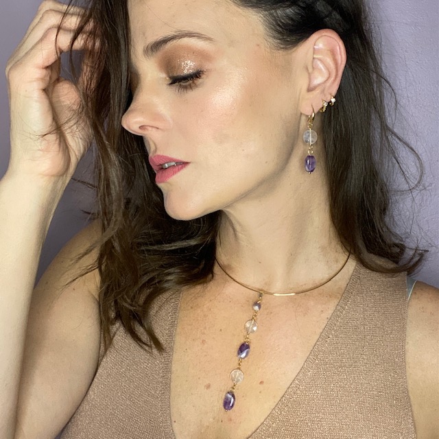 Conjunto aretes y collar Amatista- Baño de oro 18K Collar Dorado - Piedras naturales 