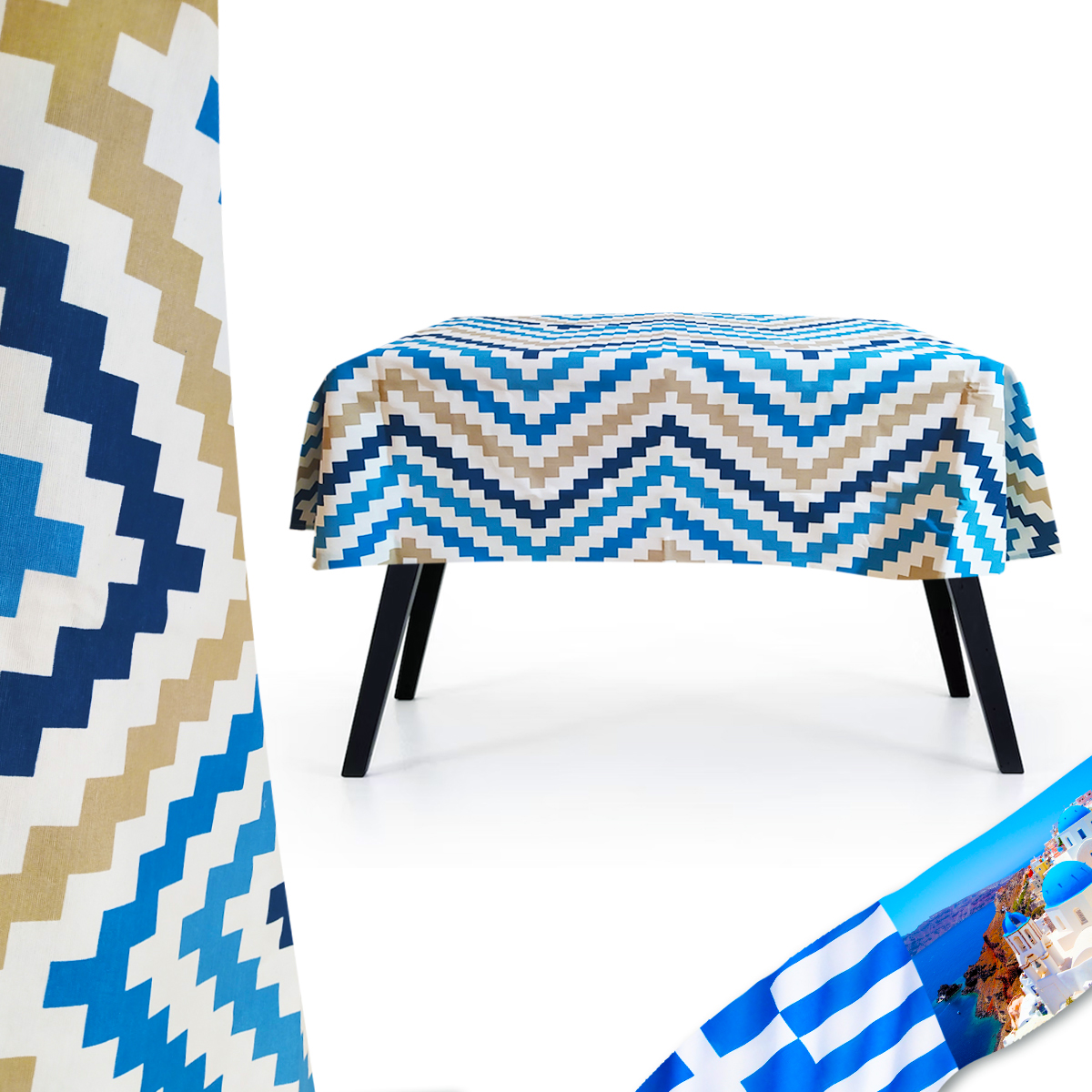 Mantel Griego Algodón 1.5mts X 1.5mts Diseño Elegante Marítimo Grecia