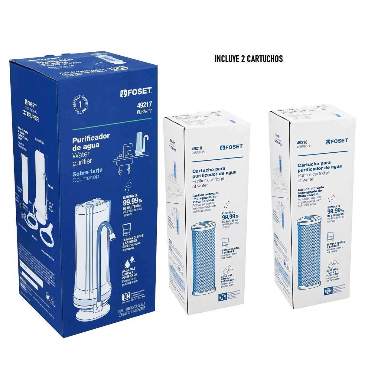 Purificador de Agua, sobre Tarja mas 2 Cartuchos kit Foset 
