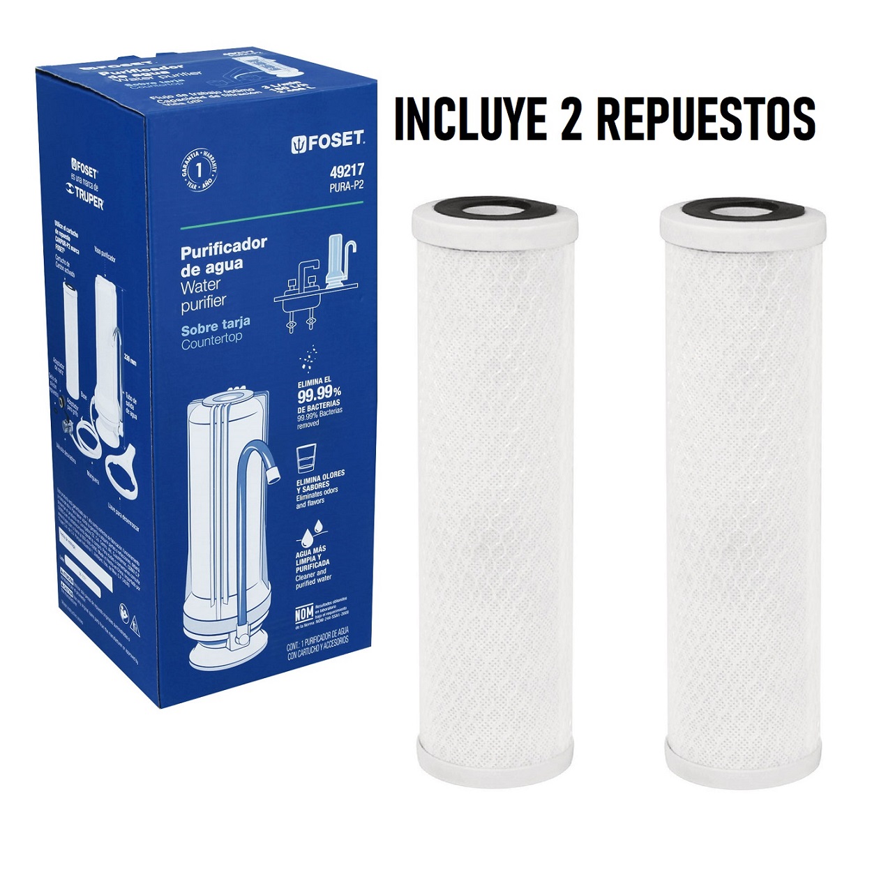 Purificador de Agua, sobre Tarja mas 2 Cartuchos kit Foset 