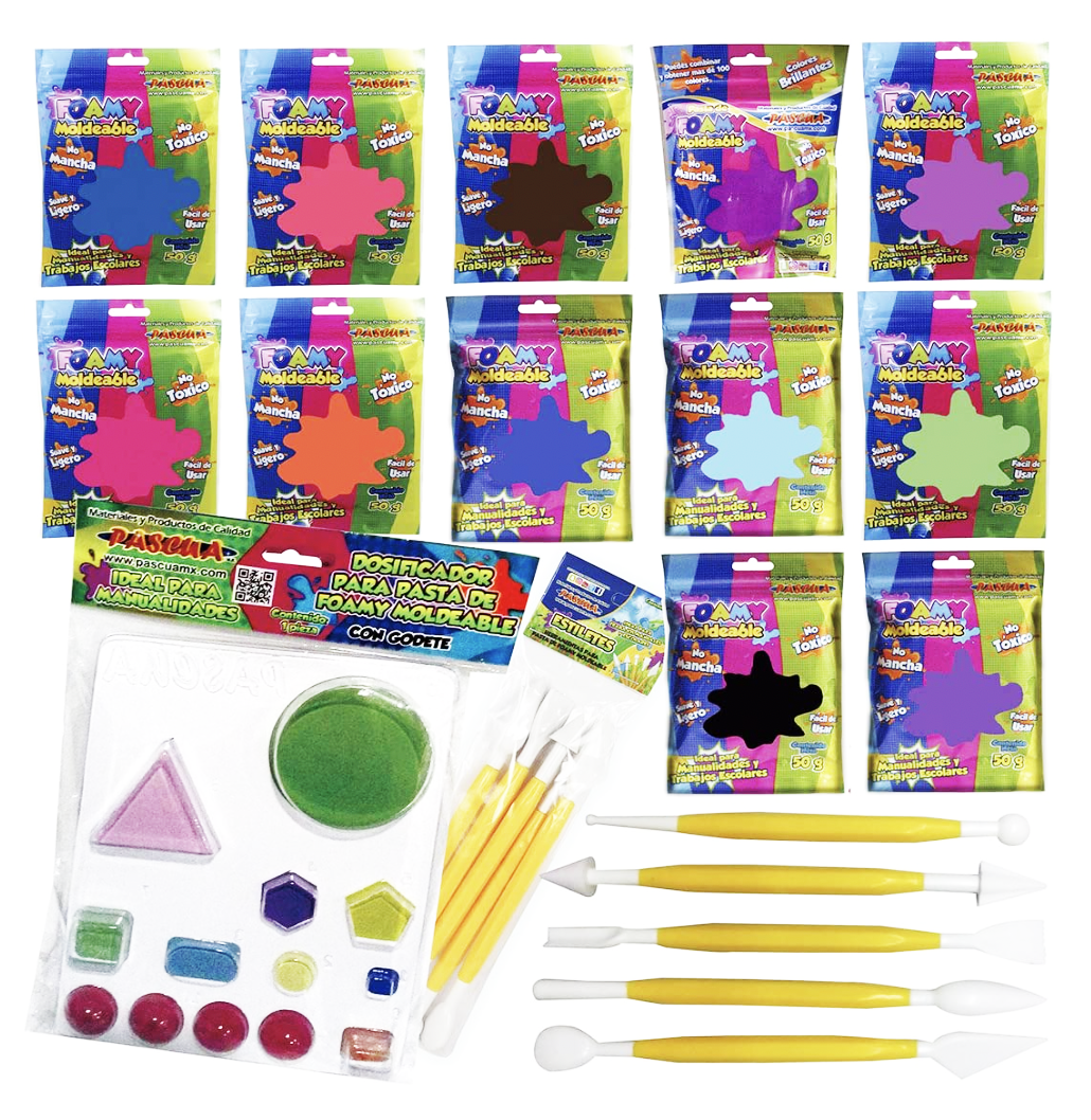 SET DE 12 FOAMY MOLDEABLE DIFERENTE COLOR CON UN SET DE ESTILETES Y DOSIFICADOR PARA MANUALIDAD Y DIY CON LOS NIÑOS