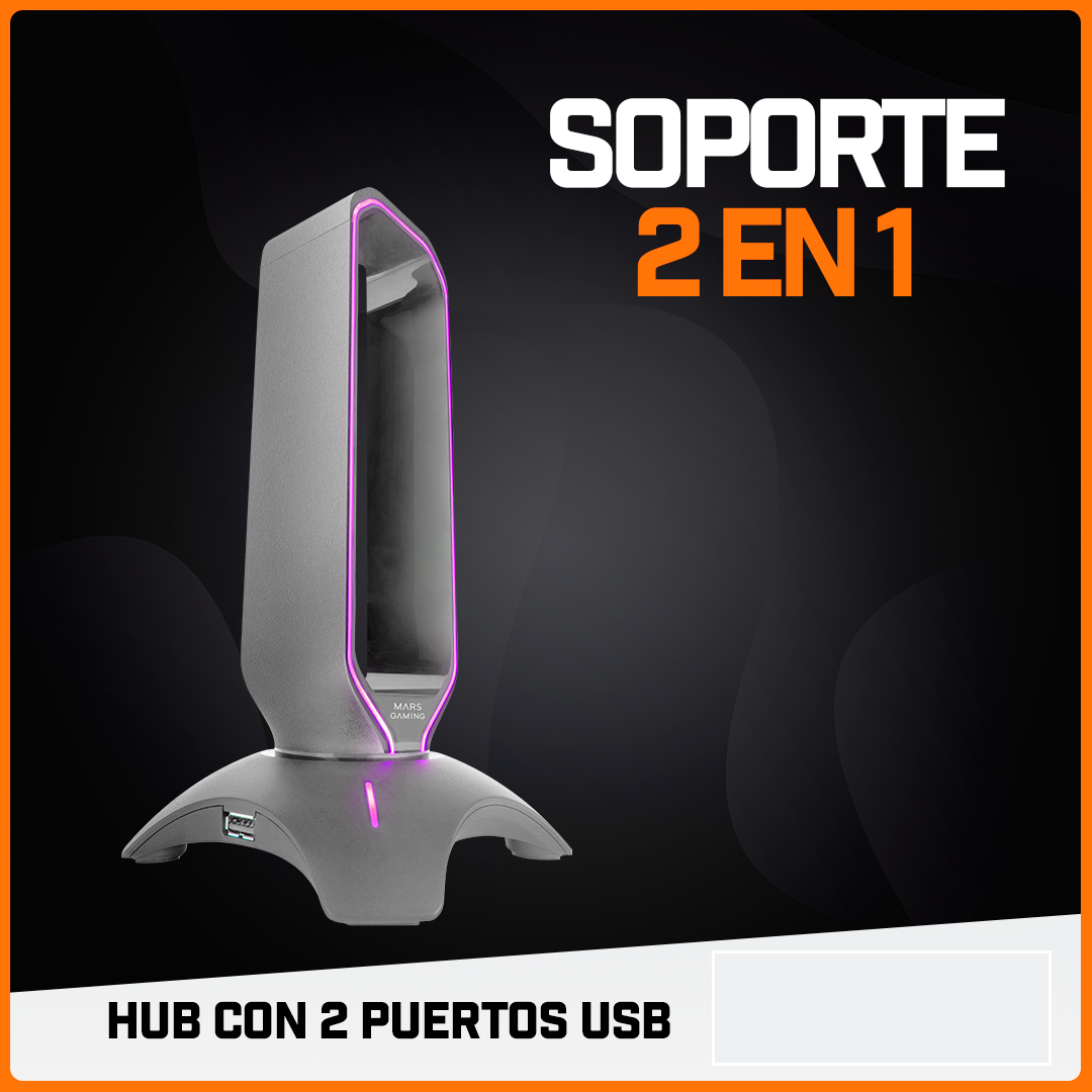 Soporte Audífonos Gamer Headset 2 En 1 Carga Usb Rgb MHHX Mars Gaming Gris